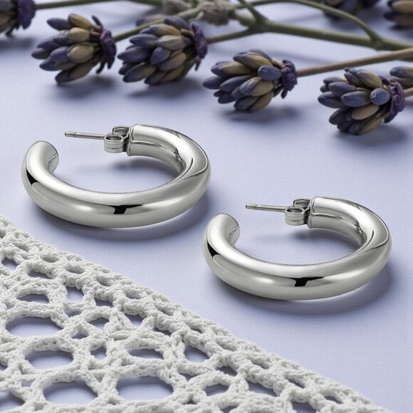 🆕️Chunky C Hoop Earrings 18K White Gold Plated Stainless Steel Minimalist - Picture 11 of 13